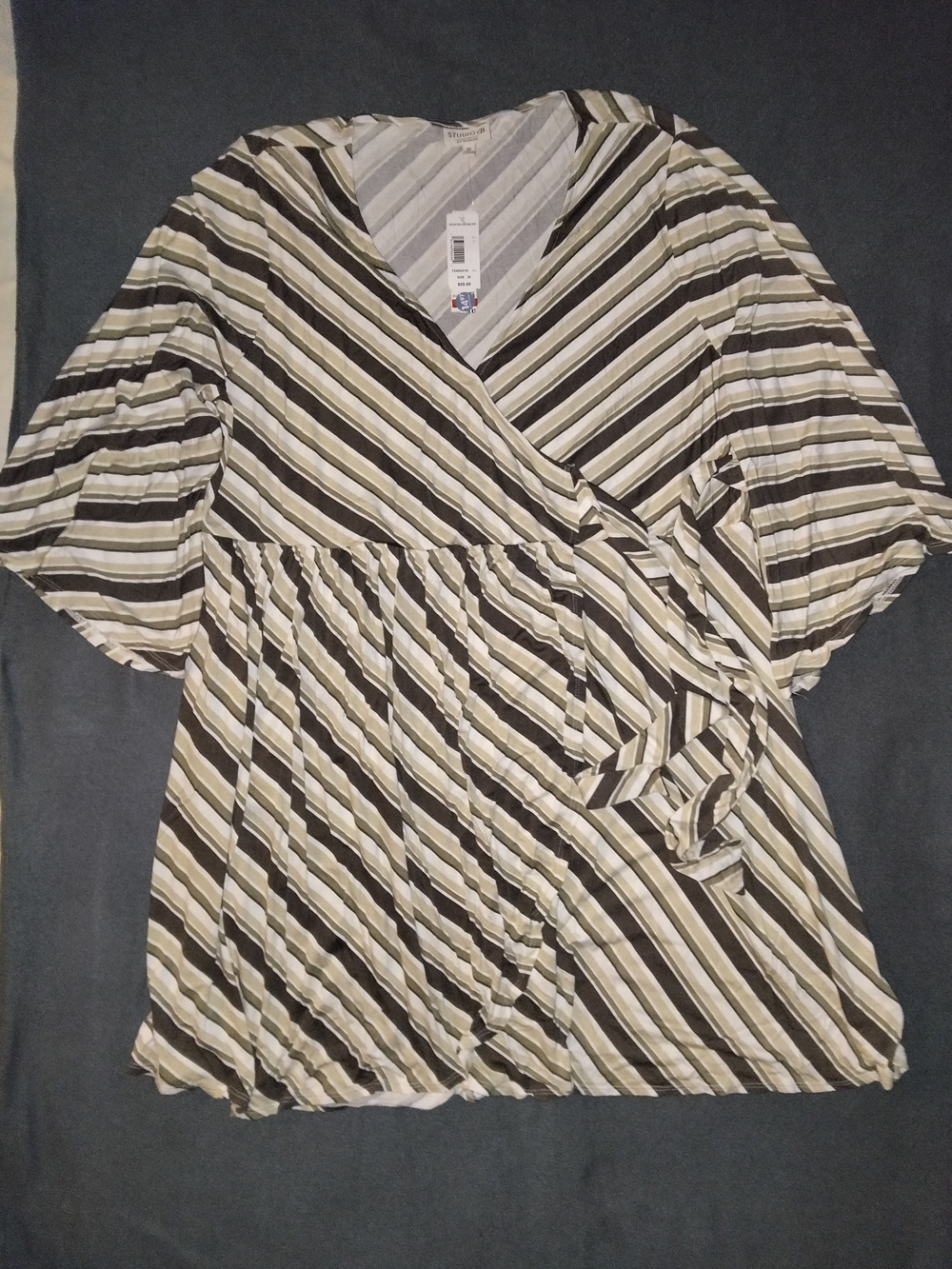 bobeau Diagonal Stripe Wrap Tunic in Beige Black Cream